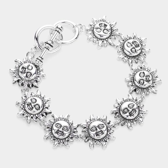 NWT Bohemian Antique Silver Metal Y2K Sun Link Toggle Bracelet - Picture 1 of 5